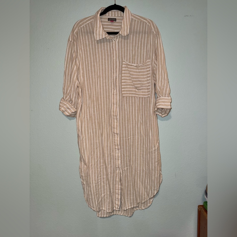 Vince Camuto Beige & White Striped Button-Down Tunic dress Size L